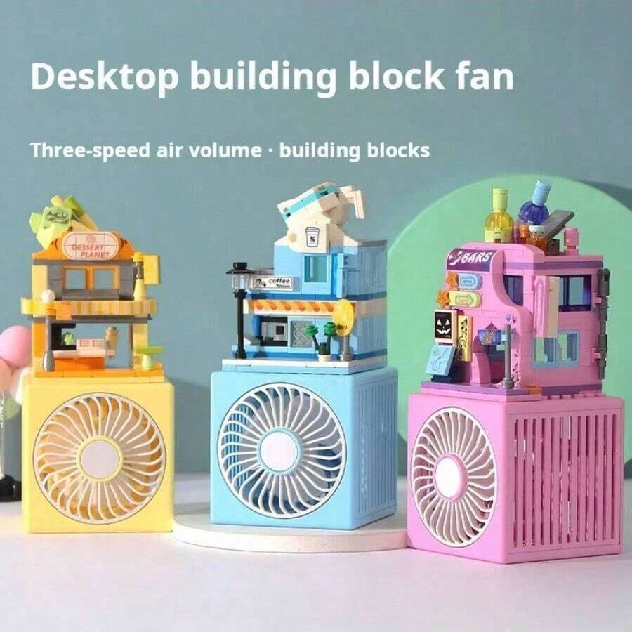 Ventilador de escritorio con vista a la calle, bloques de construcción, ensamblaje hecho a mano, bricolaje, silencioso, carga USB, pequeño ventilador, regalo creativo, divertidos bloques de construcción de dibujos animados, ventilador de escritorio, ventilador pequeño de tres velocidades, bricolaje, ensamblaje de partículas pequeñas, bloques de construcción, regalo creativo - Amarillo - Ver 1