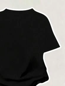 少女字母数字印花圆领短袖T恤搭配喇叭裤休闲套装 - 黑色 - 查看 7