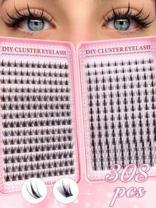 384片自粘式蓬松混合长度假睫毛套装，无需胶水，蓬松单根假睫毛，自粘式DIY睫毛嫁接，预粘睫毛簇，自然纤长C型卷翘假睫毛簇，无需胶水或卸除，假睫毛 - D - 查看 12
