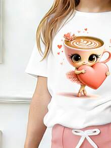 Bộ trang phục thường ngày cho bé gái tuổi teen: Áo thun ngắn tay in hình hoạt hình và quần ống loe. - trắng - Xem 3