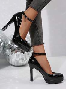 Women Pumps Shoes Platform Chunky Block Heel Close Toe Shoe Ankle Strap Party Dress Heels - màu đen - Xem 7