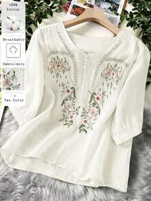 Women's Plus Size Heavy Embroidery Vintage Casual Blouse, White Top, Country Style For Women, Casual Blouses For Women, Vacation Outfits Women, Holiday Outfits, Summer Holiday Outfits - White - View 10
