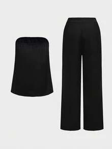 女士缎面两件套，无肩带抹胸上衣搭配高腰阔腿裤，优雅夏季鸡尾酒会宾客装扮 - 黑色 - 查看 6