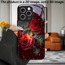 Funda de Teléfono de Vidrio Templado de Alta Gama para iPhone 11/12/13/14/15/16e/17 Air Plus Pro Max, Cubierta Protectora de Moda con Gotas de Agua de Rosa Roja Exponidas Brillantes - Colores mixtos - Ver 3