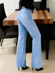 新款女士直筒牛仔裤，宽松休闲街头风品牌休闲牛仔裤，女士牛仔裤及服装 - 淺色水洗藍 - 查看 2