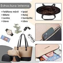 Bolsos de Mujer, Bolso de Mano de PU Cuero, Bolsa de Hombro Elegante, Bolso Grande para Portatil, Bolsa de Hombro Moda, Bolso Tote para Trabajo, Viaje, Fiesta, 3 Piezas Set - Dorado y Negro - Ver 4