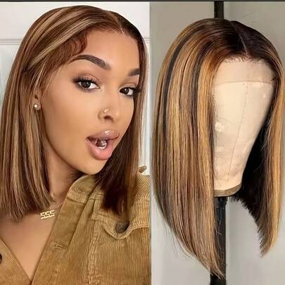 4/27 Straight Highlight Bob Wigs Human Hair 4*4 Lace Colored Straight Bob Bob Lace Front Wigs Human Hair Pre Plucked With Baby Hair 13X4 Lace Frontal Wig Honey Blonde Short Bob Wigs For Women