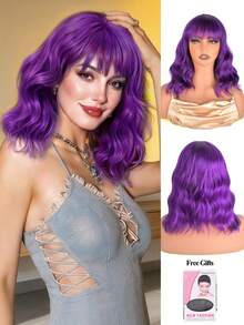 Heat Resistant 14 Inch Synthetic Soft Curly Wavy Wig With Bangs For Girls Women Black And White Shoulder Length High Quality Short Wavy Curly Bob Wig Full Bang Wig Cosplay Party Use Holiday Spring Valentine's Day Available Day Green Wig St. Patrick's - 深紫色 - 查看 1