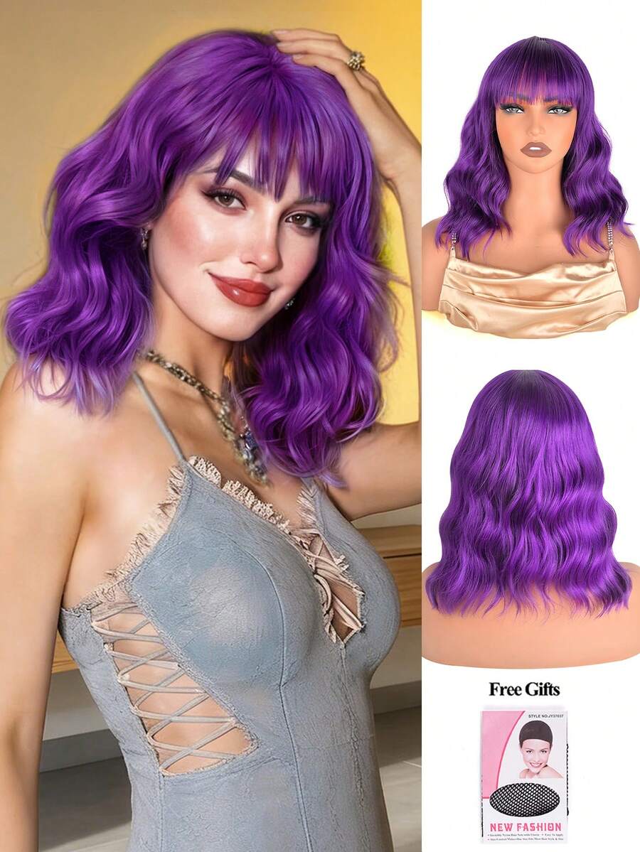 Heat Resistant 14 Inch Synthetic Soft Curly Wavy Wig With Bangs For Girls Women Black And White Shoulder Length High Quality Short Wavy Curly Bob Wig Full Bang Wig Cosplay Party Use Holiday Spring Valentine's Day Available Day Green Wig St. Patrick's - 深紫色 - 查看 1