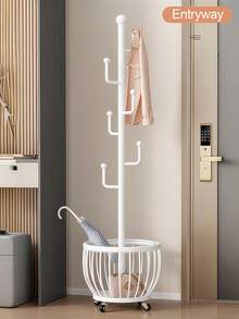Tree Coat Rack Stand With Clothes Basket, Sturdy Freestanding Coat Rack, Purse Rack Hat Rack Stand, Clothes Rack With Metal Frame, Bedroom Storage Organizeration, Home Decor, Morden Style, Coat Stand Fits Entryway Bedroom Office For Bags, Hats - 白色 - 查看 4