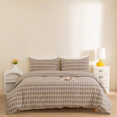 3件套复古格子被套组（暖色调） - 柔软透气床上用品（1个被套+2个枕套）舒适四季家居/宿舍装饰