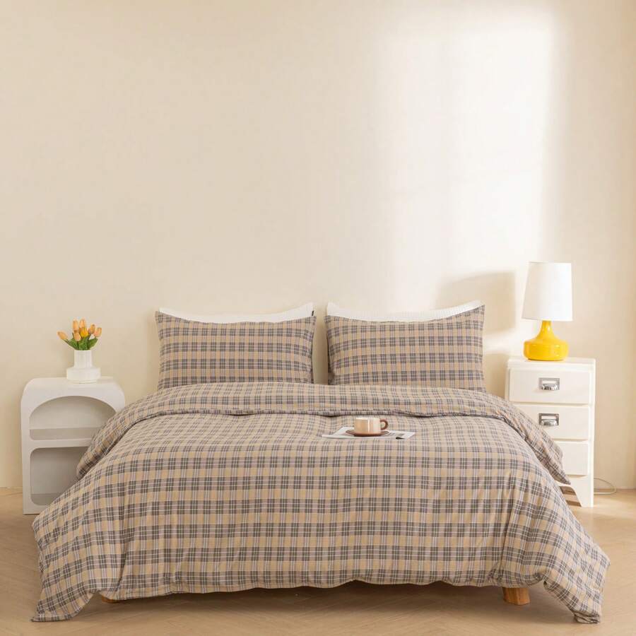 3件套复古格子被套组（暖色调） - 柔软透气床上用品（1个被套+2个枕套）舒适四季家居/宿舍装饰 - 灰色 - 查看 1