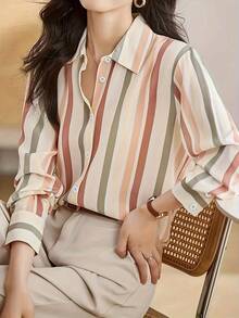 Women's Striped Button Down Shirt Long Sleeve Lapel Collar Blouse Casual Office Work Tops Vintage Style - Màu caramel - Xem 2