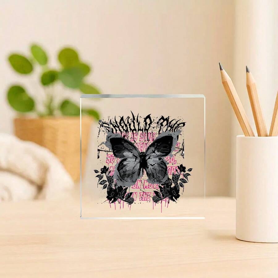 10cm Adorno decorativo de acrílico creativo, placa cuadrada de arte de graffiti de mariposa de estilo oscuro, decoración de escritorio, regalo único - Adornos de acrílico - Ver 1