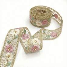1/5 Yard eleganter, floraler, paillettenbestickter Spitzenbesatz mit goldfarbener Metallkante, transparentes Nähband, geeignet für Brautkleider, Taschen, DIY-Basteleien, Vorhangbänder, Ramadan-Bekleidung, Geschenkverpackung - mehrfarbig - Übersicht 3