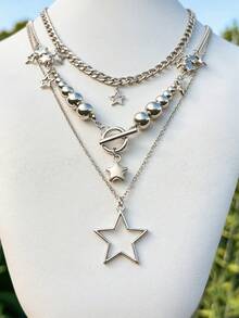 3pcs/Set Star Multilayer Necklace, Fashionable Metal Choker Necklace Accessories For Teenagers - Silver - View 2