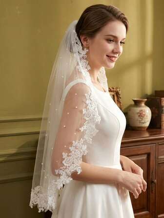 1pc Short Lace Bridal Veil With Pearl Beading, Simple Korean Style Wedding Headpiece Accessory