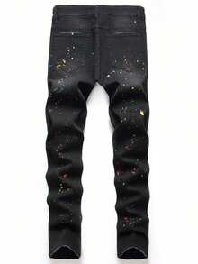 Elástico hombre jeans negros ajustados agujeros imitando viejos pantalones vaqueros, pantalones casuales, ropa de calle de moda, ropa de moda cómoda, moda nueva llegada - Negro - Ver 2