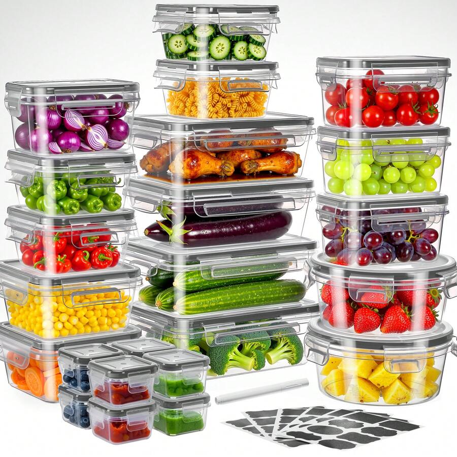 STABLO 48pcs Food Storage Container, Fresh-Keeping Boxes, Easy-To-Secure Lids (24 Lids + 24 Containers)- Airtight Plastic Containers, Suitable For Pantry, Travel, Outdoor Picnics, Kitchen Organization, Comes With Labels And Marker - 黑色 - 查看 1
