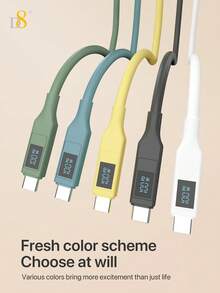 D8 100W 硅胶数字显示 USB-C 数据线 | 超快充电和数据传输二合一 | 数字屏幕实时显示充电状态和功率 | 柔软硅胶材质，抗紫外线，耐磨损，3 英尺长，适合家庭/办公室使用 | 兼容 17/16/15 Pro Max/Air、iPad Pro/Air/Mini | 也兼容三星 S24/S23/S22、14/13、Xperia 和所有安卓手机 - 彩色 - 查看 9