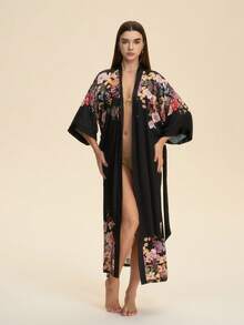 Áo choàng kimono in họa tiết phong cách retro rộng rãi, thanh lịch, thích hợp mặc ở nhà, thắt eo, kiểu dáng thoải mái, đồ ngủ nhẹ nhàng mùa hè, thích hợp mặc ngoài biển, áo tắm. - màu đen - Xem 3