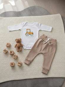 Baby Boy Long-Sleeved Bodysuit With Shorts, Suedine Knit, 2-Piece Set - 駝色 - 查看 2