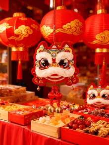 1 Pack, 2026 New Year Traditional Chinese Lion Dance Hanging Decoration - Festive Red And Golden Wall/Door Bell With Bell, Feather And Ribbon, Polyester Fiber, Ideal For Living Rooms And Celebrations, Lion Wall Decor, Home Must-Have Choice - View 6