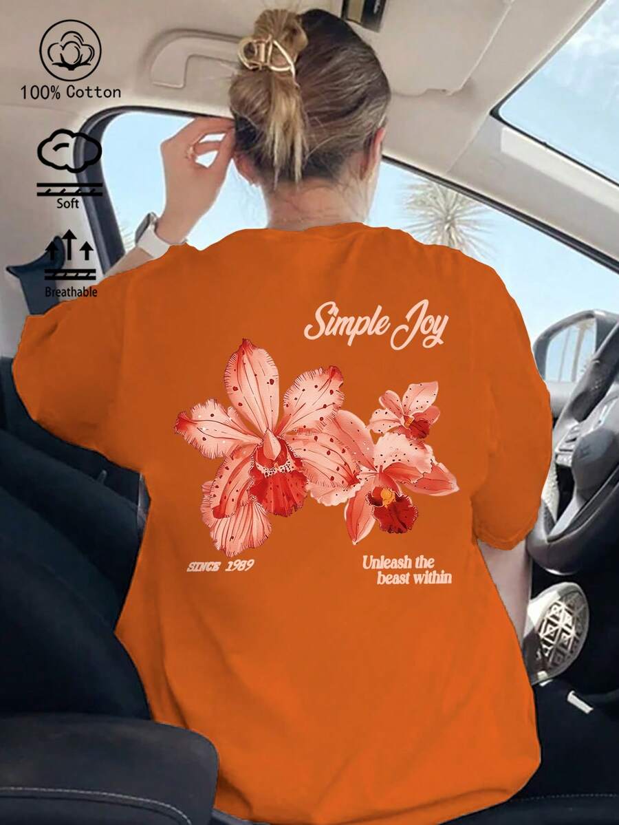 Camiseta naranja de mujer 100% algodón, estampado floral romántico, ropa casual de playa, nueva llegada de primavera/verano, top deportivo de moda, suave y transpirable de manga corta - Naranja - Ver 1