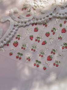 1片装5D立体草莓美甲贴纸 - 情人节甜美金属质感草莓蝴蝶结美甲贴纸 - 自粘烫印草莓蝴蝶结美甲贴纸，适合DIY女士美甲饰品及美甲用品 - 彩色 - 查看 3