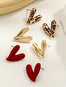 Set de 6 piezas de aretes de corazón con diseños elegantes y dulces para mujeres, versátiles con estampado de leopardo, corazón pintado en rojo/dorado, adecuados para uso diario, excelente regalo para el Día de San Valentín - Multicolor - Ver 3