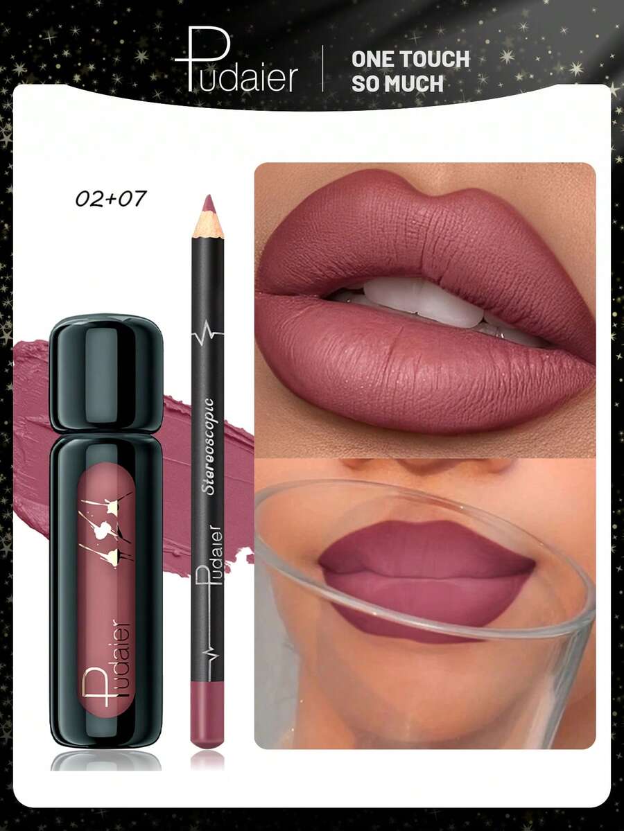 Pudaier 2pcs Waterproof Lip Liner Set, Natural Long-Lasting Makeup, Suitable For All Skin Tones, Available In Pink, Purple And Red Colors - 02+07 - View 1
