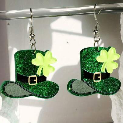 一对亚克力亮绿色三叶草耳环，女孩节日珠宝礼物