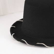 Womens Felt Fedora Hat Rhinestone Wave Design Stylish Wide Brim Flat Top Jazz Cap - Black - View 4