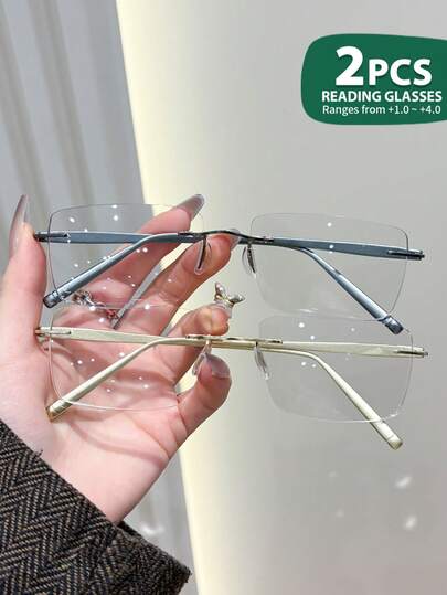 Rivsar 2副装老花镜，新款方形无框老花镜，弹簧铰链方形镜框，高清视力保护，长时间佩戴不眩晕，适合阅读/缝纫/商务/办公/优雅场合/日常使用，轻巧圆形弹簧镜腿，适合运动防滑，电脑舒适阅读，防眼疲劳老花镜，方便携带设计，适合各种脸型，奢侈品牌设计师眼镜，节日礼物，送给父母的礼物，返校季，教师节，情人节，眼镜。