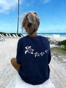 Tween Girl Soft & Comfortable Sea Turtle Print T-Shirt, Suitable For Daily Wear And Vacation In Summer - Navy Blue - View 5
