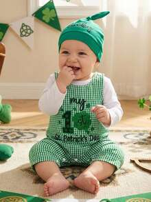 Conjunto de primavera para bebé niño de Irish Day, mono liso de manga larga con estampado de trébol a cuadros, pantalones y gorro anudado, conjunto de 3 piezas, ropa sencilla para festivales de ocio, ideal para 0 a 18 meses - Verde - Ver 4