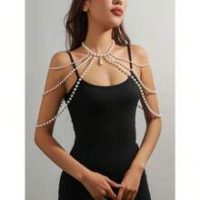 1pc Lightweight Luxurious Multi-Layer Faux Pearl Necklace & Shoulder Chain, Sexy Tassel Versatile Bikini Accessory, Simple High-End Handmade Body Chain For Summer Beach - 白色 - 查看 1