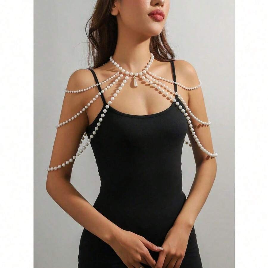 1pc Lightweight Luxurious Multi-Layer Faux Pearl Necklace & Shoulder Chain, Sexy Tassel Versatile Bikini Accessory, Simple High-End Handmade Body Chain For Summer Beach - 白色 - 查看 1