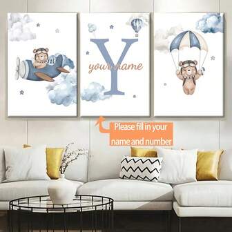 3pcs Cartoon Animal Canvas Wall Art, Customizable Teddy Bear Poster, Children's Room Wall Painting, Personalized Name Poster And Prints, Nursery Decor Canvas, Wall Art, Frameless, Home Decor, Ideal Gift For Birthday, Graduation