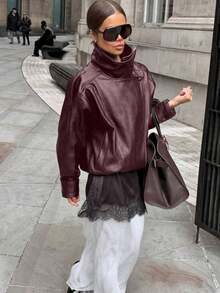 Women's Vintage Motorcycle Faux Leather Jacket, Stand Collar Zipper Closure, Patchwork Loose Fit Top For Winter Spring - Burgundy - View 9