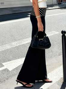 Women Y2K Loose Pants Polka Dot Waistband Low Waist Wide Leg Trousers for Daily Casual - Negro - Ver 5