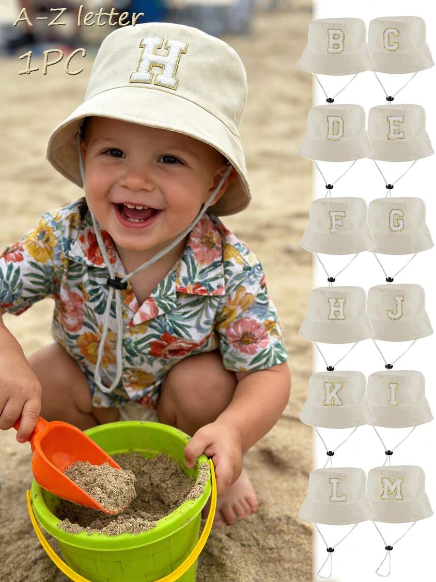 1pc 26 Letter Toddler & Kids Bucket Hat, Sun Protection Hat, Outdoor Sports Cap,Camping Hat, Adjustable Drawstring, Portable, Suitable For School, Sports, Outdoor Activities, Spring/Summer - Beige - View 1