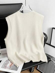 女士圆领小熊印花无袖背心，时尚休闲百搭，日常、旅行、街头风、度假必备 - 奶油色 - 查看 3