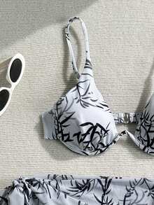 2026 Women's Sexy Bamboo Print Bikini With Underwire 3 PiecesSwimsuit Set Vacation - Multicolor - View 3