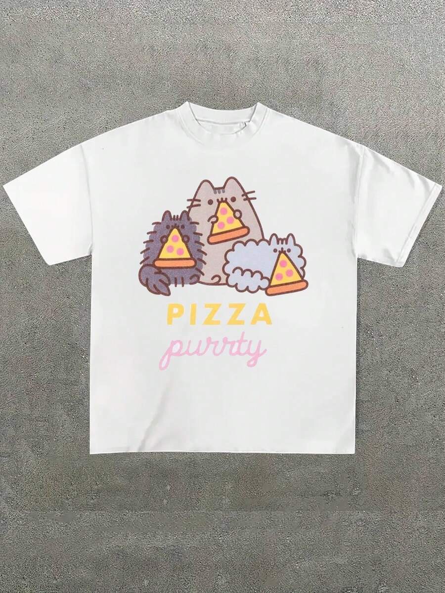Push-Een Pizza Graphic Tee, Cute Cat Cartoon T-Shirt,Comfortable And Versatile,Letter Pattern Pure Cotton 220g Printed T-Shirt - 白色 - 查看 1