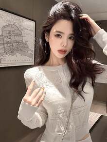 Spring/Summer New White Hollow Out Round Neck Sheer Sexy Vibe Cover Up Autumn/Winter New Unique Starfish & Shell Texture Slim Fit Thin Casual Cover Up, Suitable For Dates And Vacations - White - View 2