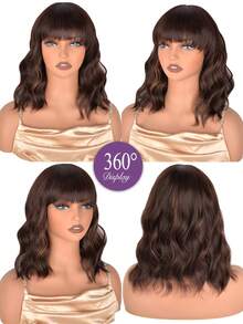 Heat Resistant 14 Inch Synthetic Soft Curly Wavy Wig With Bangs For Girls Women Black And White Shoulder Length High Quality Short Wavy Curly Bob Wig Full Bang Wig Cosplay Party Use Holiday Spring Valentine's Day Available Day Green Wig St. Patrick's - 深棕色挑染淺棕色(P4/6/28) - 查看 7