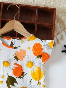 Girls' Strawberry Print Ruffle Sleeve Dress, Summer New Arrival Children's Clothing - Orange - View 4