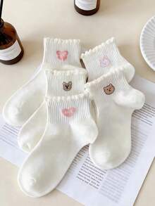 5双春夏卡通熊蕾丝边短袜，可爱碎花印花短袜，荷叶边袜口女款