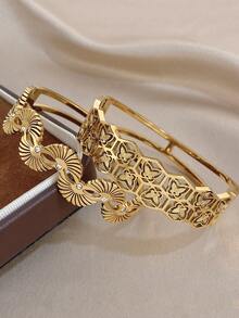 Conjunto de Pulseiras Bangle de Aço Inoxidável Folheado a Ouro 18K com Corte Geométrico, Borboleta e Leque de Zircônia, Estilo Vintage Retrô, para Mulheres, Dia dos Namorados, Festa, Gala, Uso Diário, Carnaval, Ano Novo, Casamento, Praia, Aniversário, Presente Elegante para Mãe, Joias Boho, Presente para Dama de Honra - Multicolorido - Visão 3